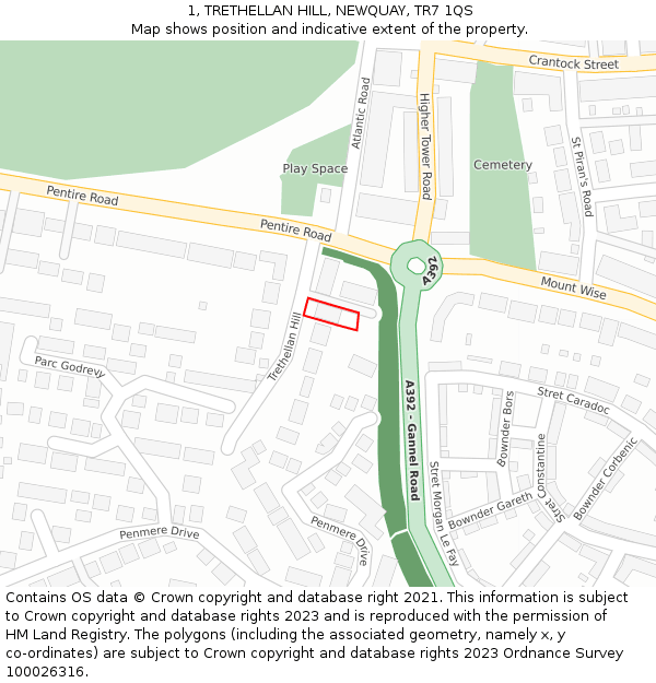 1, TRETHELLAN HILL, NEWQUAY, TR7 1QS: Location map and indicative extent of plot