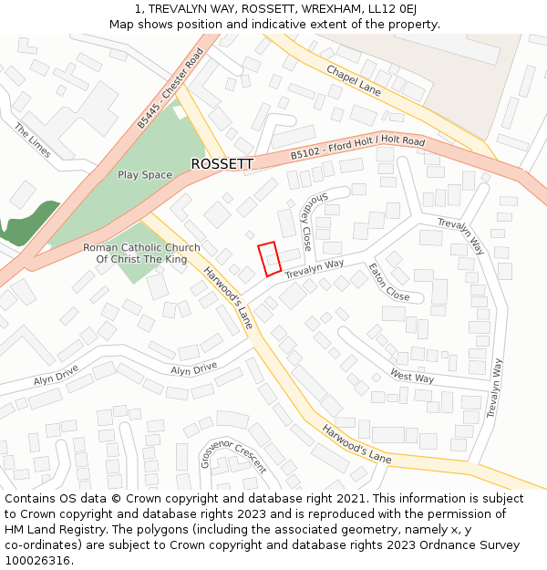 1, TREVALYN WAY, ROSSETT, WREXHAM, LL12 0EJ: Location map and indicative extent of plot