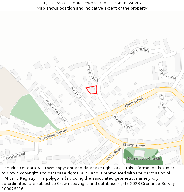 1, TREVANCE PARK, TYWARDREATH, PAR, PL24 2PY: Location map and indicative extent of plot