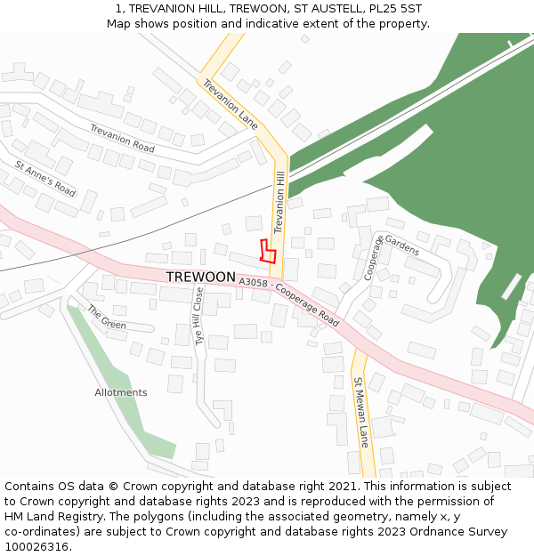 1, TREVANION HILL, TREWOON, ST AUSTELL, PL25 5ST: Location map and indicative extent of plot