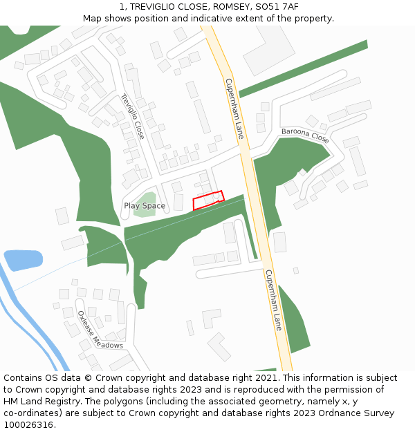 1, TREVIGLIO CLOSE, ROMSEY, SO51 7AF: Location map and indicative extent of plot