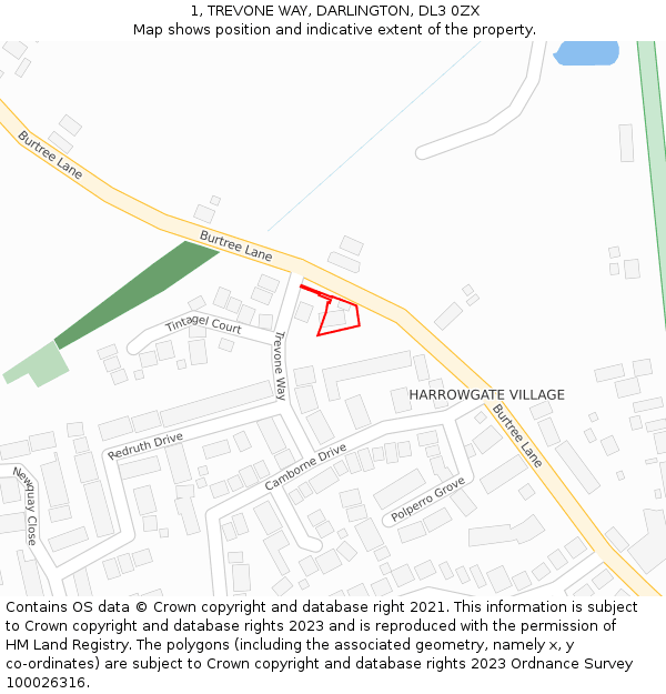 1, TREVONE WAY, DARLINGTON, DL3 0ZX: Location map and indicative extent of plot