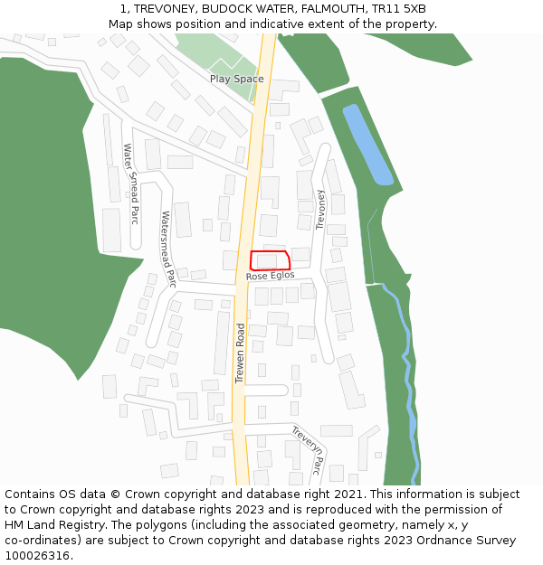 1, TREVONEY, BUDOCK WATER, FALMOUTH, TR11 5XB: Location map and indicative extent of plot