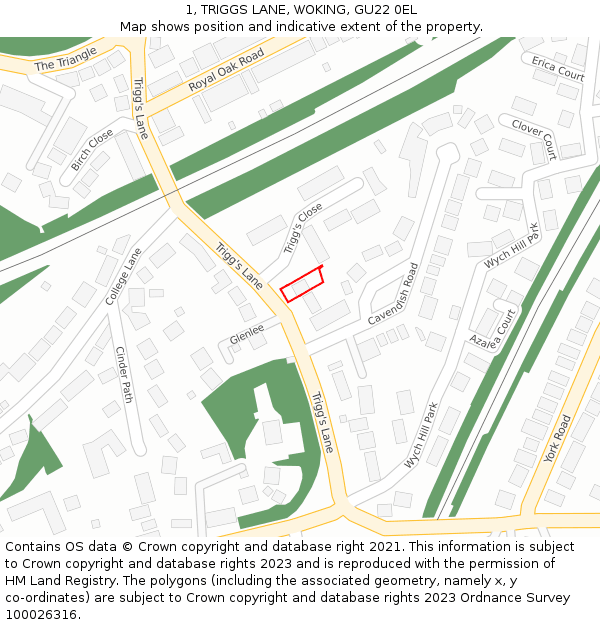 1, TRIGGS LANE, WOKING, GU22 0EL: Location map and indicative extent of plot