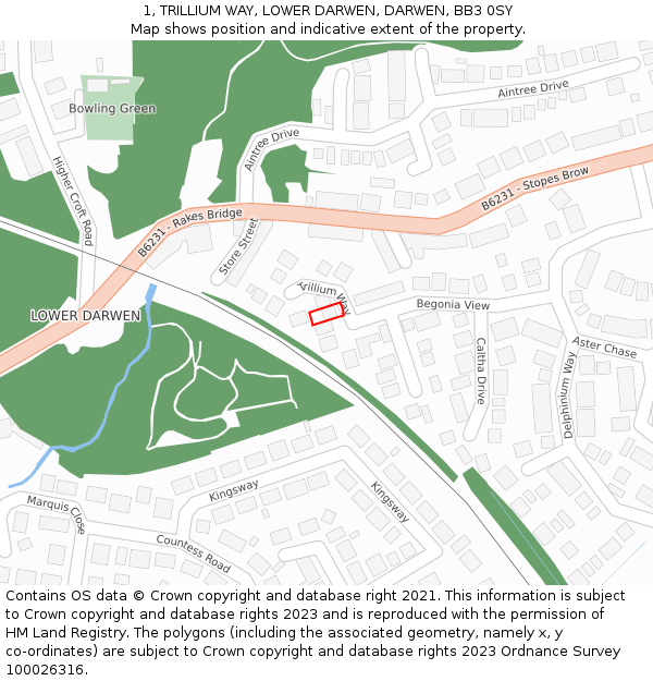 1, TRILLIUM WAY, LOWER DARWEN, DARWEN, BB3 0SY: Location map and indicative extent of plot