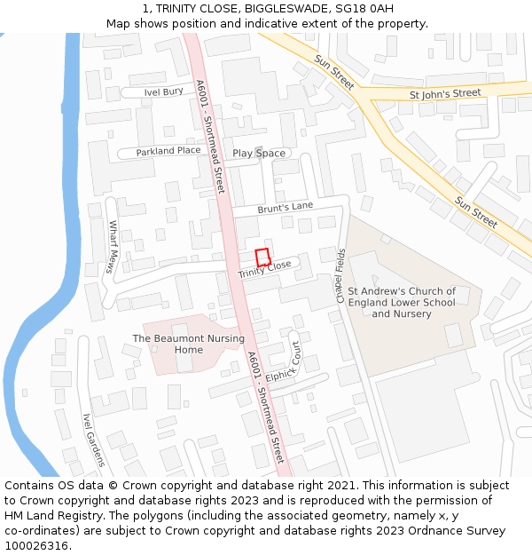 1, TRINITY CLOSE, BIGGLESWADE, SG18 0AH: Location map and indicative extent of plot