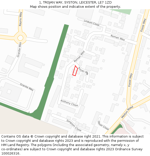 1, TROJAN WAY, SYSTON, LEICESTER, LE7 1ZD: Location map and indicative extent of plot