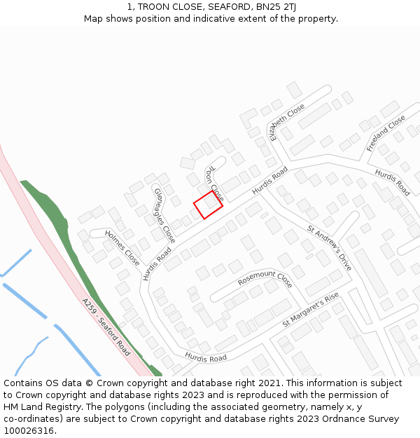 1, TROON CLOSE, SEAFORD, BN25 2TJ: Location map and indicative extent of plot