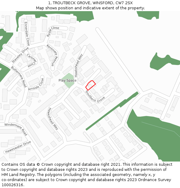 1, TROUTBECK GROVE, WINSFORD, CW7 2SX: Location map and indicative extent of plot