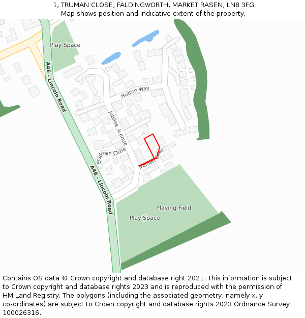 1, TRUMAN CLOSE, FALDINGWORTH, MARKET RASEN, LN8 3FG: Location map and indicative extent of plot