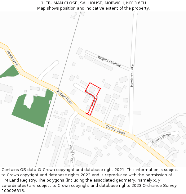 1, TRUMAN CLOSE, SALHOUSE, NORWICH, NR13 6EU: Location map and indicative extent of plot