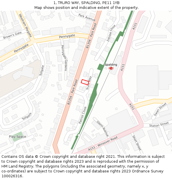 1, TRURO WAY, SPALDING, PE11 1YB: Location map and indicative extent of plot