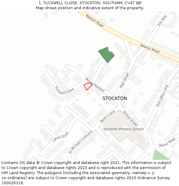 1, TUCKWELL CLOSE, STOCKTON, SOUTHAM, CV47 8JP: Location map and indicative extent of plot