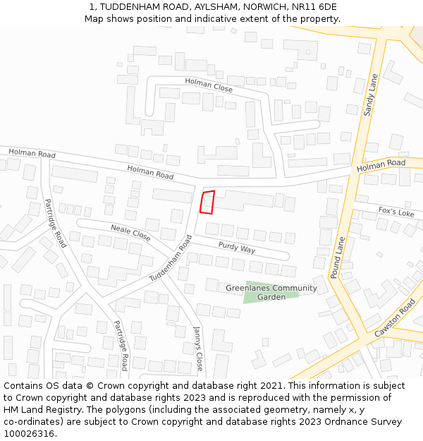 1, TUDDENHAM ROAD, AYLSHAM, NORWICH, NR11 6DE: Location map and indicative extent of plot