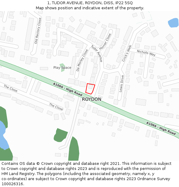 1, TUDOR AVENUE, ROYDON, DISS, IP22 5SQ: Location map and indicative extent of plot