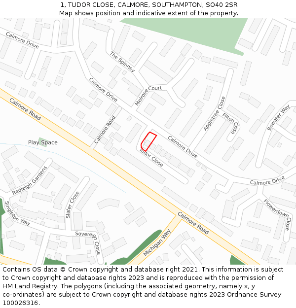 1, TUDOR CLOSE, CALMORE, SOUTHAMPTON, SO40 2SR: Location map and indicative extent of plot