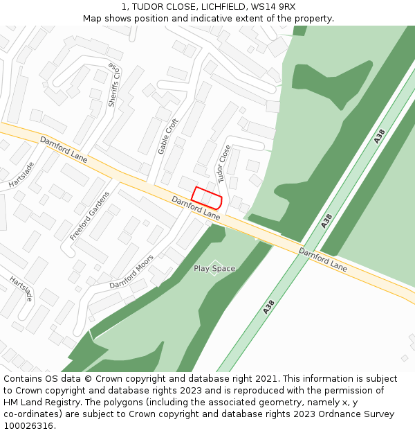 1, TUDOR CLOSE, LICHFIELD, WS14 9RX: Location map and indicative extent of plot