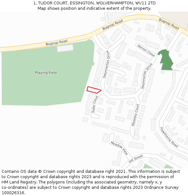 1, TUDOR COURT, ESSINGTON, WOLVERHAMPTON, WV11 2TD: Location map and indicative extent of plot