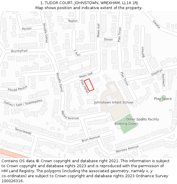 1, TUDOR COURT, JOHNSTOWN, WREXHAM, LL14 1RJ: Location map and indicative extent of plot