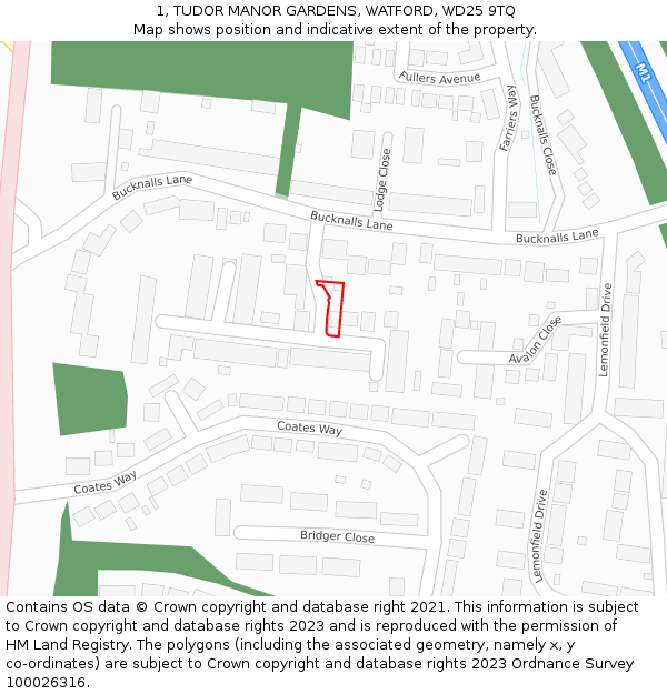 1, TUDOR MANOR GARDENS, WATFORD, WD25 9TQ: Location map and indicative extent of plot