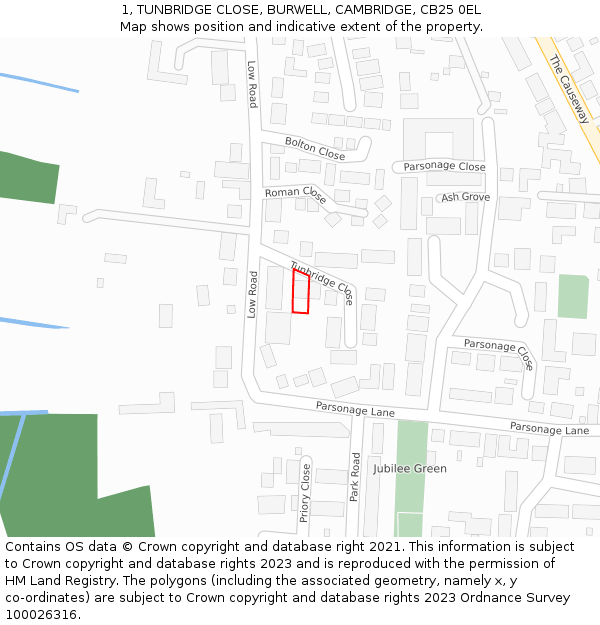 1, TUNBRIDGE CLOSE, BURWELL, CAMBRIDGE, CB25 0EL: Location map and indicative extent of plot