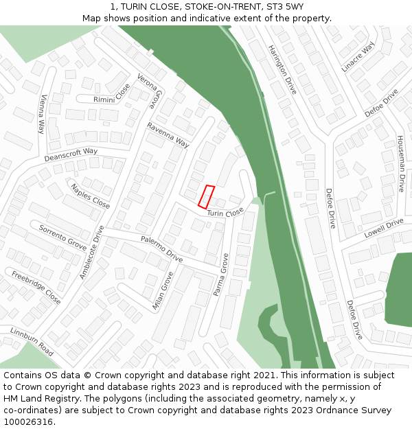1, TURIN CLOSE, STOKE-ON-TRENT, ST3 5WY: Location map and indicative extent of plot