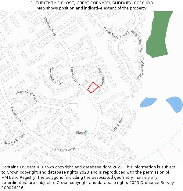 1, TURKENTINE CLOSE, GREAT CORNARD, SUDBURY, CO10 0YR: Location map and indicative extent of plot