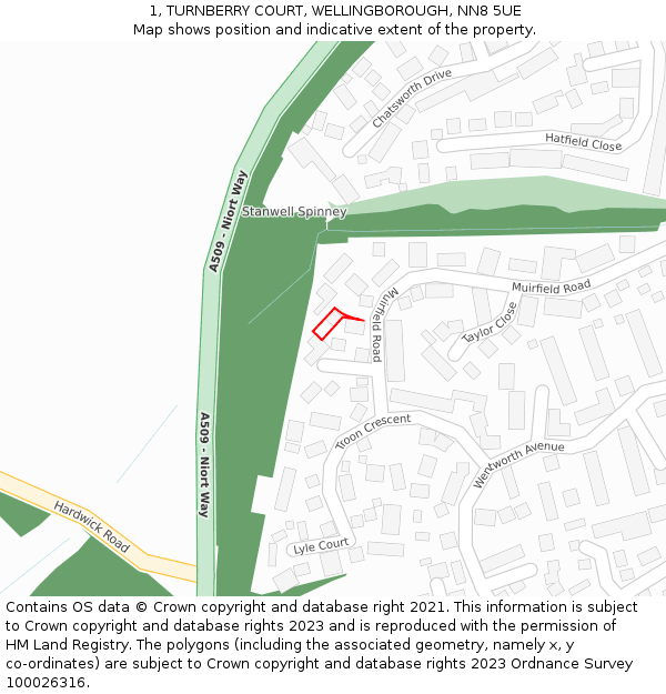 1, TURNBERRY COURT, WELLINGBOROUGH, NN8 5UE: Location map and indicative extent of plot