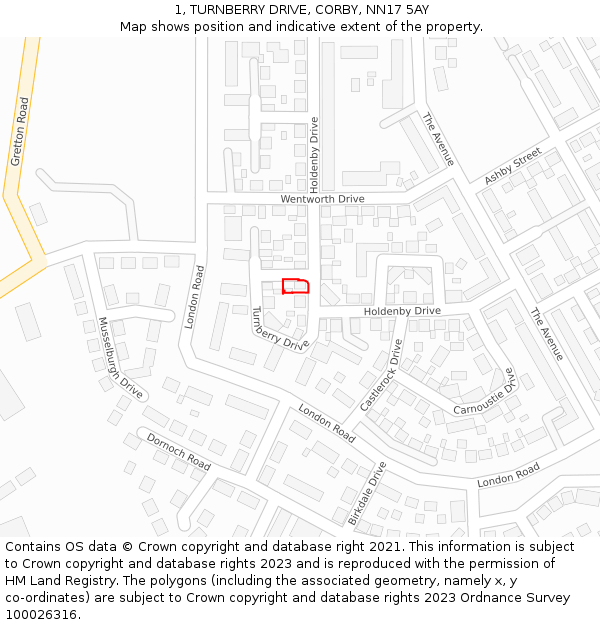 1, TURNBERRY DRIVE, CORBY, NN17 5AY: Location map and indicative extent of plot