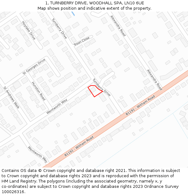 1, TURNBERRY DRIVE, WOODHALL SPA, LN10 6UE: Location map and indicative extent of plot