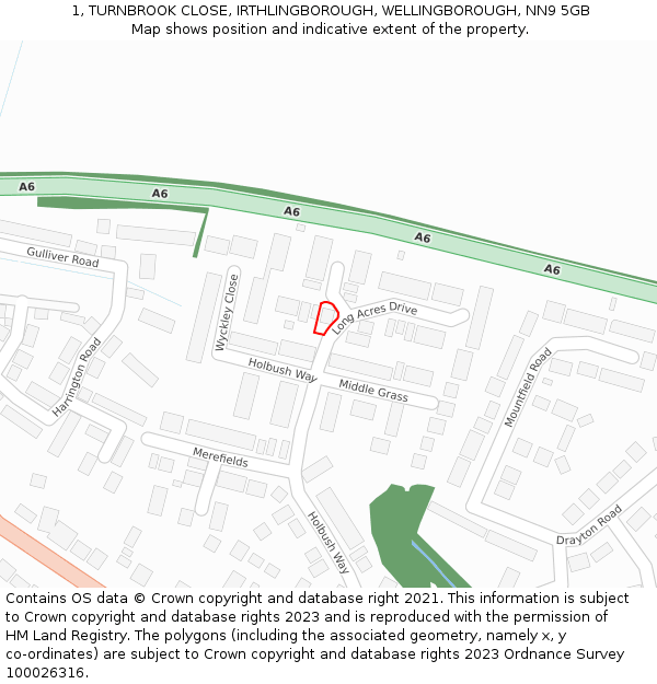 1, TURNBROOK CLOSE, IRTHLINGBOROUGH, WELLINGBOROUGH, NN9 5GB: Location map and indicative extent of plot