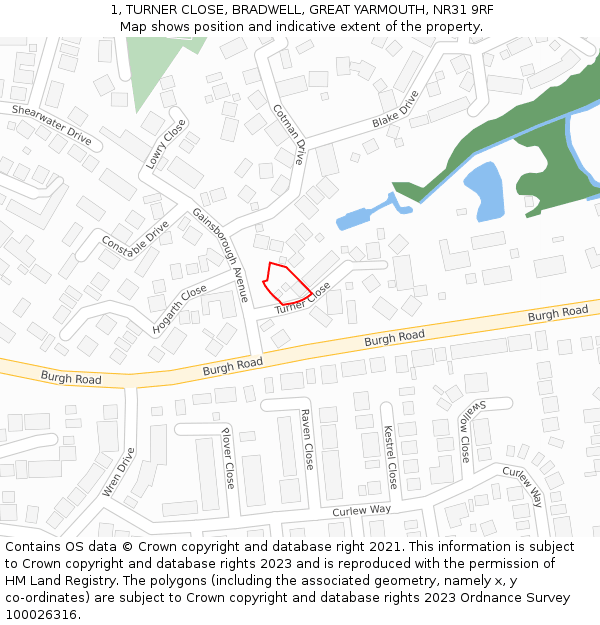 1, TURNER CLOSE, BRADWELL, GREAT YARMOUTH, NR31 9RF: Location map and indicative extent of plot