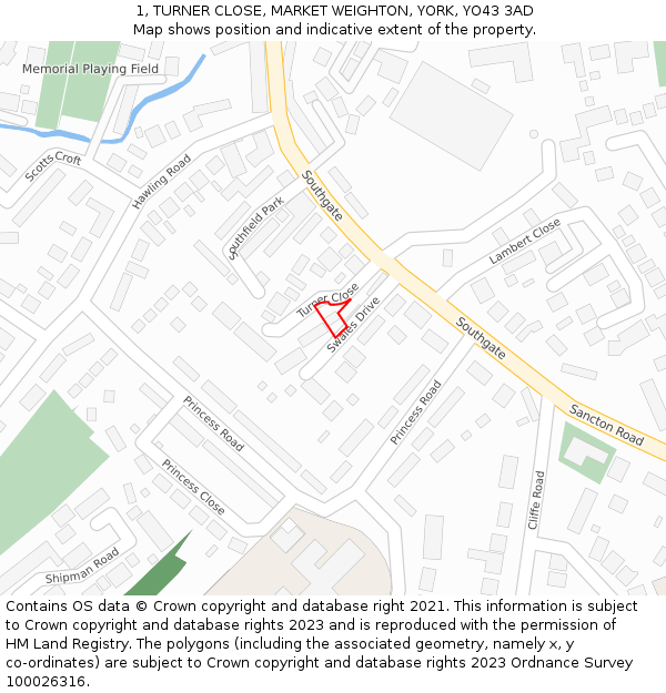 1, TURNER CLOSE, MARKET WEIGHTON, YORK, YO43 3AD: Location map and indicative extent of plot