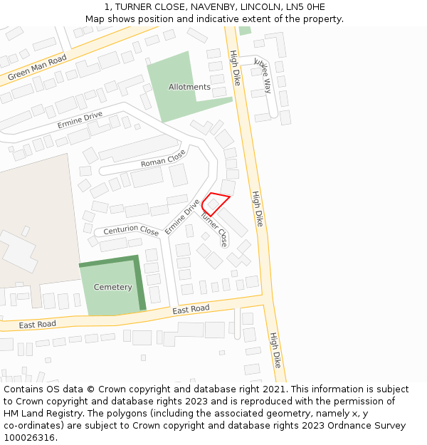 1, TURNER CLOSE, NAVENBY, LINCOLN, LN5 0HE: Location map and indicative extent of plot