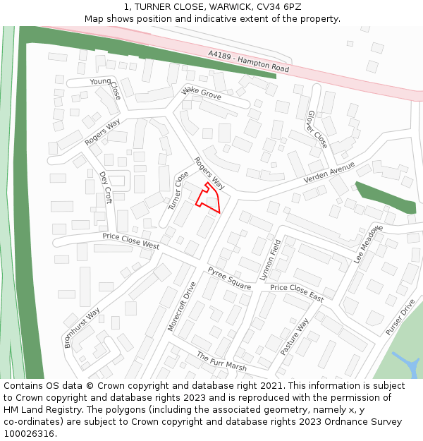 1, TURNER CLOSE, WARWICK, CV34 6PZ: Location map and indicative extent of plot