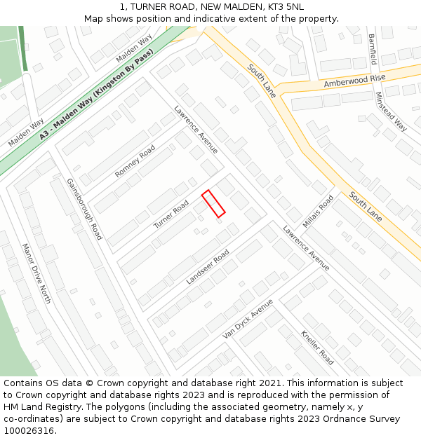 1, TURNER ROAD, NEW MALDEN, KT3 5NL: Location map and indicative extent of plot