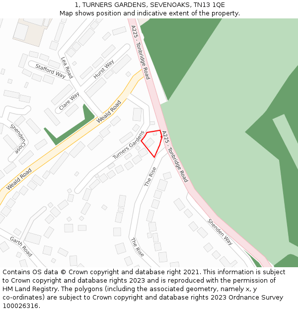 1, TURNERS GARDENS, SEVENOAKS, TN13 1QE: Location map and indicative extent of plot