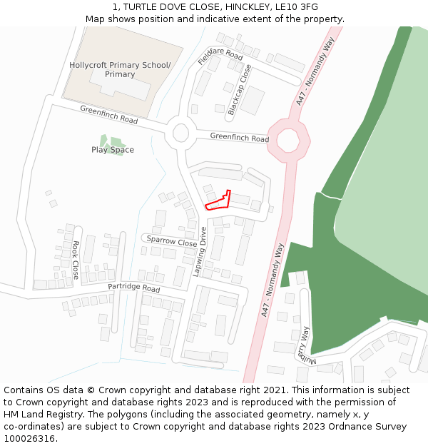 1, TURTLE DOVE CLOSE, HINCKLEY, LE10 3FG: Location map and indicative extent of plot