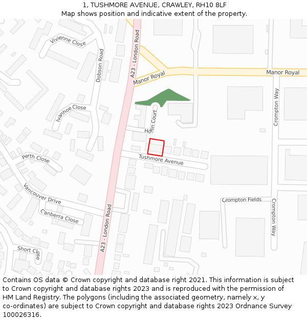 1, TUSHMORE AVENUE, CRAWLEY, RH10 8LF: Location map and indicative extent of plot