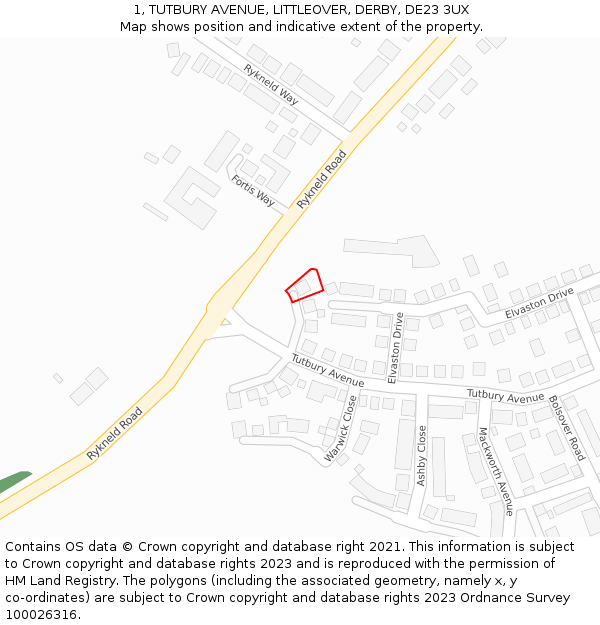 1, TUTBURY AVENUE, LITTLEOVER, DERBY, DE23 3UX: Location map and indicative extent of plot