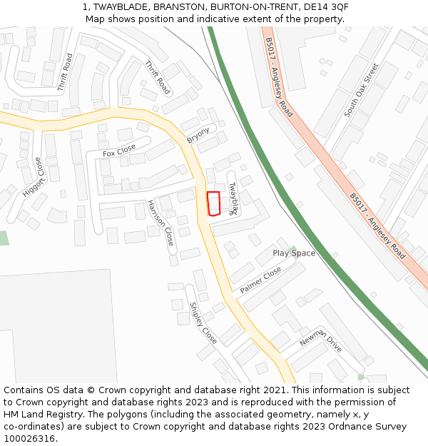 1, TWAYBLADE, BRANSTON, BURTON-ON-TRENT, DE14 3QF: Location map and indicative extent of plot