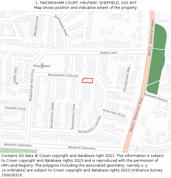 1, TWICKENHAM COURT, HALFWAY, SHEFFIELD, S20 4HT: Location map and indicative extent of plot