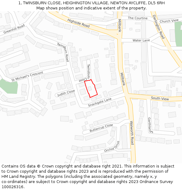 1, TWINSBURN CLOSE, HEIGHINGTON VILLAGE, NEWTON AYCLIFFE, DL5 6RH: Location map and indicative extent of plot