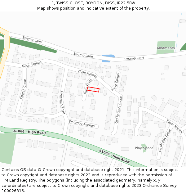 1, TWISS CLOSE, ROYDON, DISS, IP22 5RW: Location map and indicative extent of plot