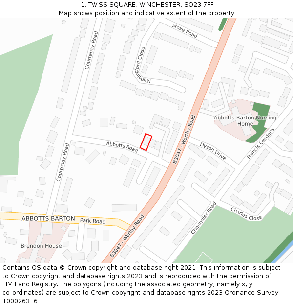 1, TWISS SQUARE, WINCHESTER, SO23 7FF: Location map and indicative extent of plot