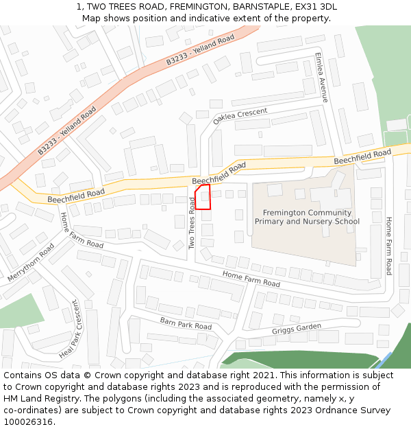 1, TWO TREES ROAD, FREMINGTON, BARNSTAPLE, EX31 3DL: Location map and indicative extent of plot