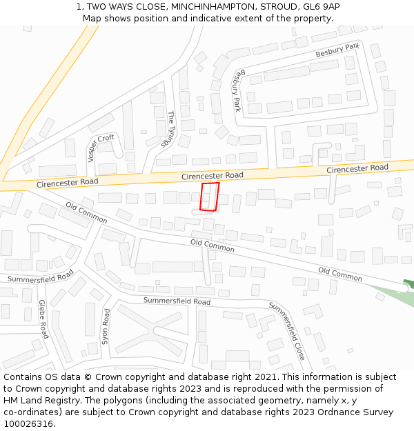 1, TWO WAYS CLOSE, MINCHINHAMPTON, STROUD, GL6 9AP: Location map and indicative extent of plot