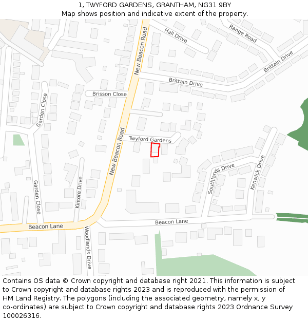 1, TWYFORD GARDENS, GRANTHAM, NG31 9BY: Location map and indicative extent of plot