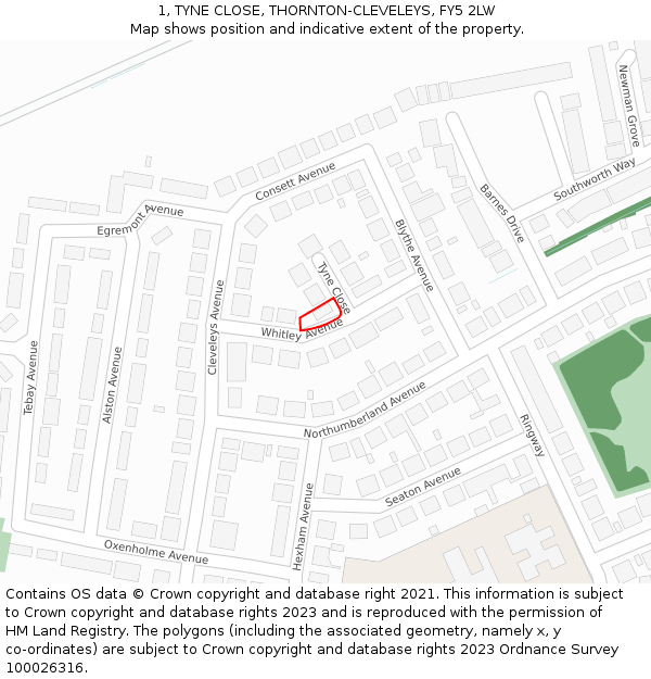 1, TYNE CLOSE, THORNTON-CLEVELEYS, FY5 2LW: Location map and indicative extent of plot