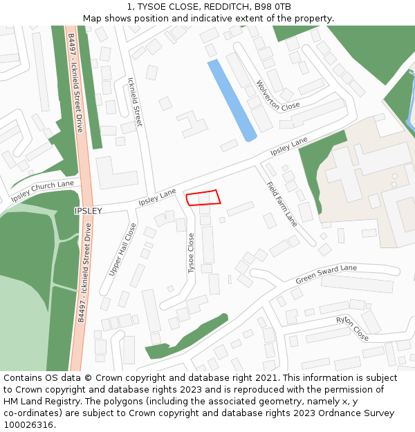 1, TYSOE CLOSE, REDDITCH, B98 0TB: Location map and indicative extent of plot